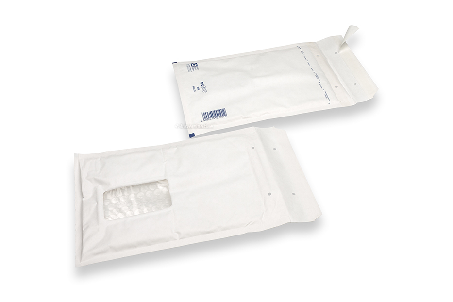 Vita bubbelpåsar med fönster - 175 x 265 mm, fönster till vänster 55 x 90 mm, fönstrets placering är 30 mm från vänster och 70 mm från toppen