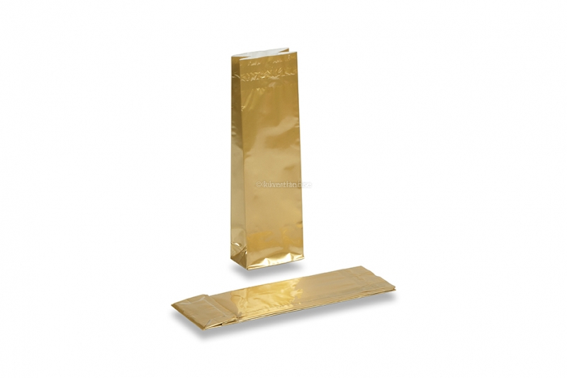 Färgade papperspåsar med stadig botten - guld 55 x 30 x 175 mm, 50 gram