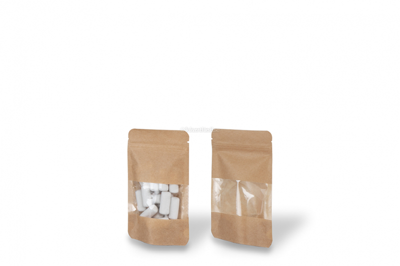 Zippåsar av kraftpapper med fönster - brun, 85 x 145 x 50 mm, 100 ml