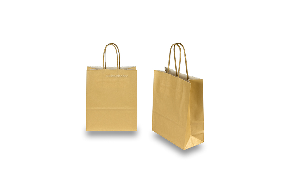 Papperspåsar med snurrade handtag - guldfärgad, 180 x 80 x 220 mm, 90 gr